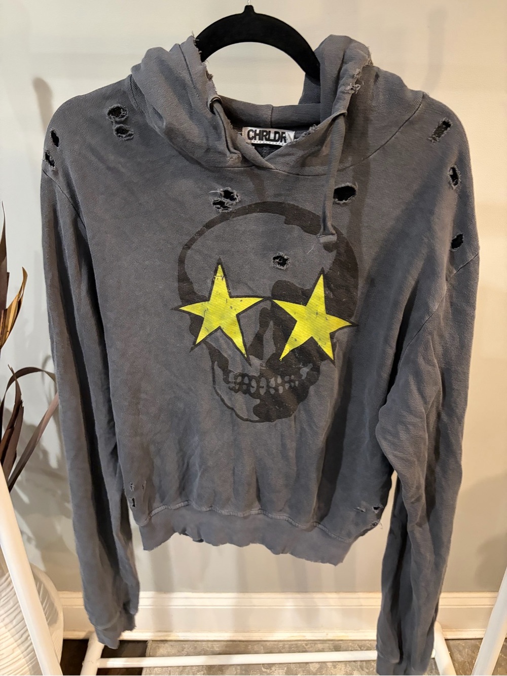 CHRLDR Gray Distressed Skull Hoodie with Yellow Star Eyes size medium
